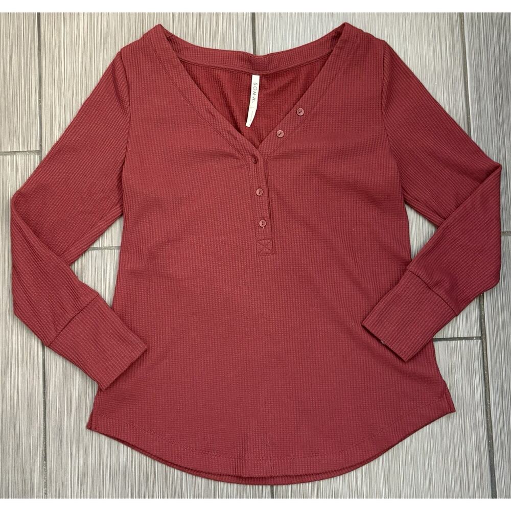 Soma Women’s Cozy Waffle Long Sleeve Henley Sleepshirt Red Size Small